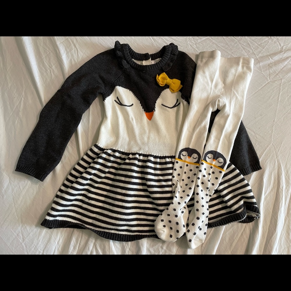 Knit Penguin sweater dress with matching tights